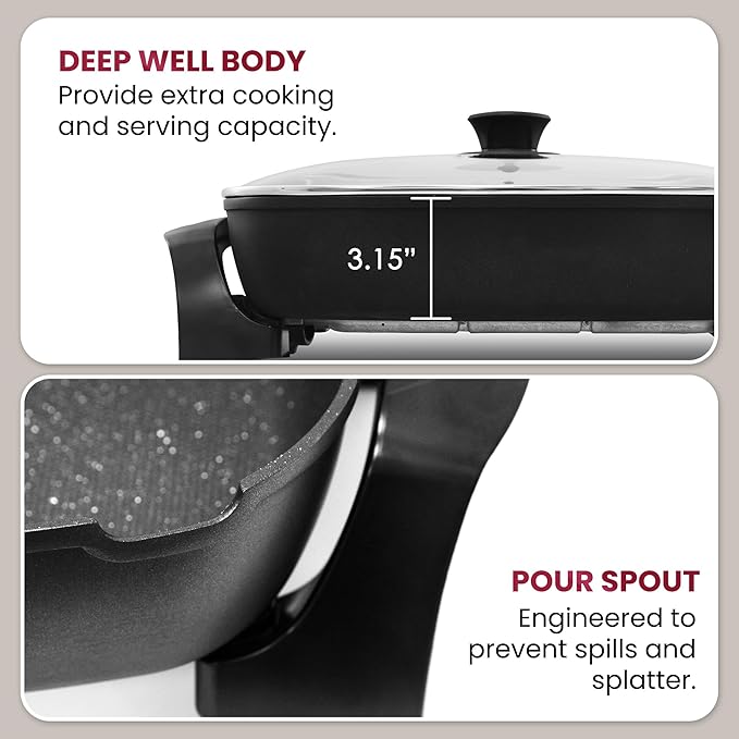 Elite Gourmet EG-6203X Extra Deep 16"x13"x3.2" (10.5Qt.) Scratch Resistant, Easy Pour Spout, Dishwasher Safe, Non-stick Electric Skillet with Vented Glass Lid, Adjustable Temperature, Black