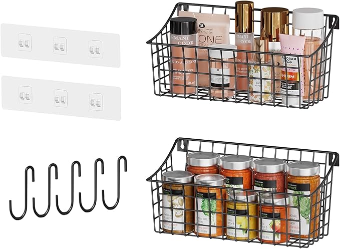 2 Pack Wall Hanging Baskets for Organizing, Large Metal Wire Basket with 5 Hooks+2 Strong Long Adhesive Hooks,Kitchen Hanging Mesh Organizer, Wall Mounted Bin for Kitchen, Bathroom, Bedroom,SUV,Garage