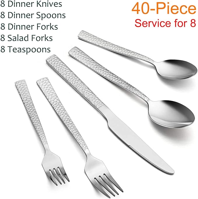E-far Hammered Silverware Set, 40-Piece Stainless Steel Square Flatware Set for 8, Metal Tableware Cutlery Set Includes Dinner Knives/Forks/Spoons, Modern Design & Mirror Polished - Dishwasher Safe