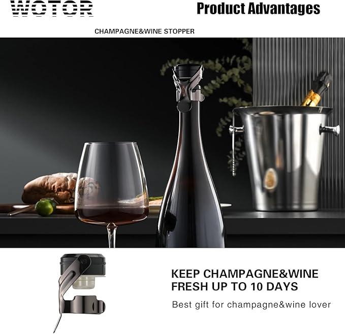 WOTOR Champagne&Wine Bottle Stoppers Stainless Steel with Food Grade Silicone, Leak Proof Keep Fresh Reusable Saver, Cork Suitable for Wine, Champagne, Cava, Prosecco and Sparkling (8 Pack Black）