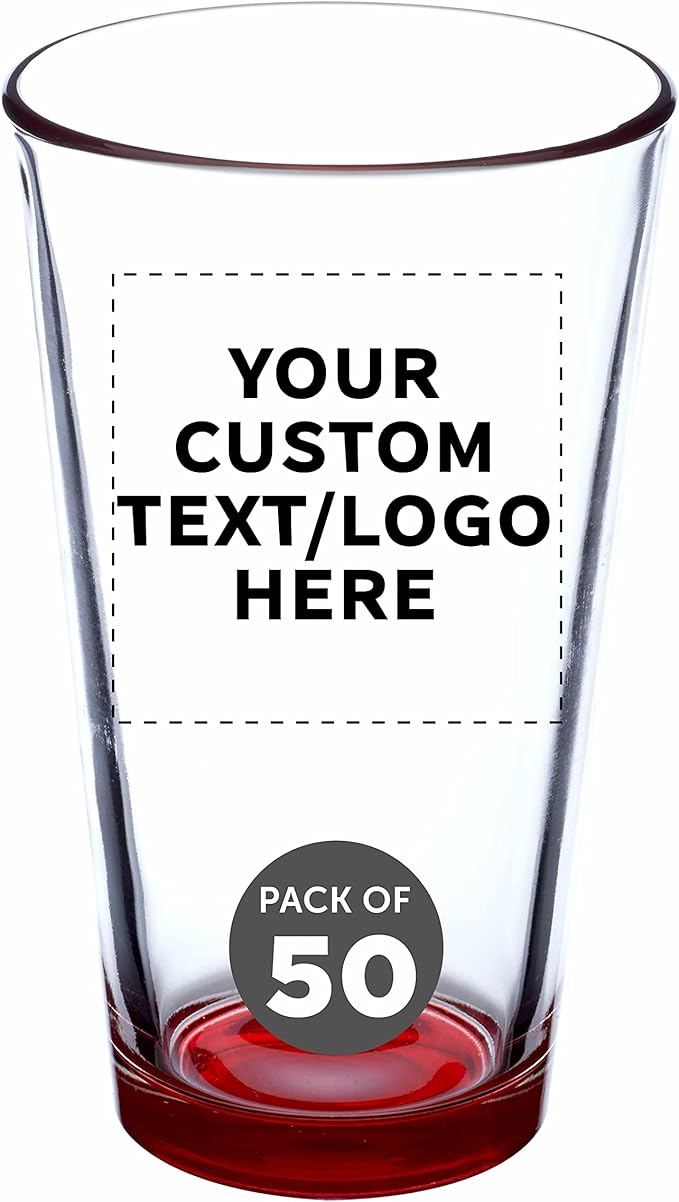 Custom Libbey Pint Glass 16 oz. Set of 50, Personalized Bulk Pack - Beer Glasses, Heavy Duty Drinkware - Red
