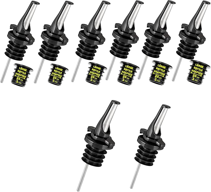 Poura 8 Liquor Pour Spouts (Black) with Built-in Caps for Optimal Fly & Dust Protection - Dishwasher Safe, Hygienic Spouts - with 6 Adapters for Large Neck Bottles