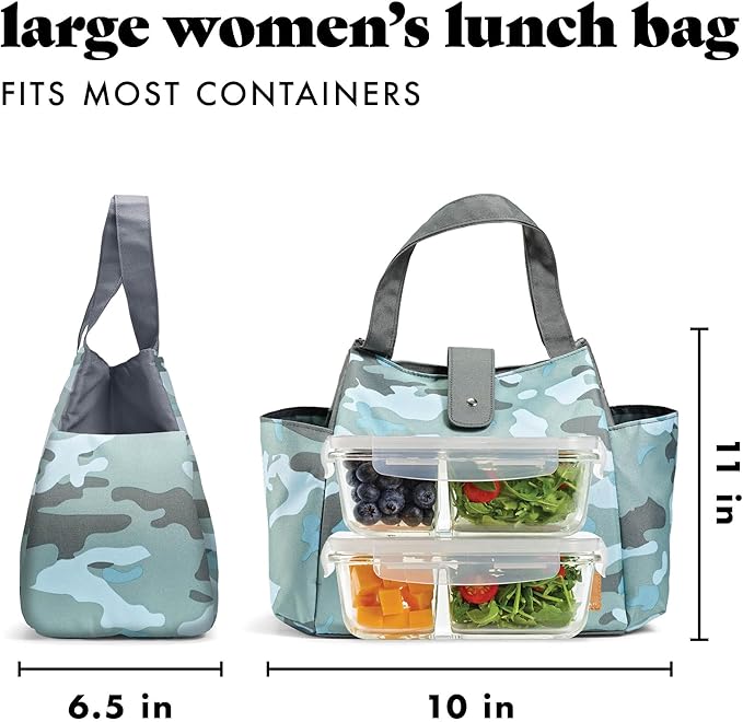 Fit & Fresh Lunch Bag For Women, Insulated Womens Lunch Bag For Work, Leakproof & Stain-Resistant Large Lunch Box For Women With Containers and Matching Tumbler, Snap Closure Westport Bag Sage Camo
