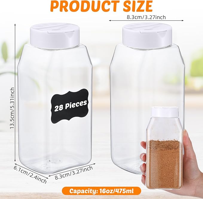Mifoci 28 Pack 16 oz Plastic Spice Jars with Cap Square Plastic Bottle Containers with Shaker Lids and Stickers Large Seasoning Shaker Empty Powder Storage Container for Storing Salt Herbs (White)