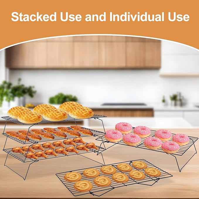 Cooling Rack for Baking 3 Tiers, 16" x 10" Cookie Cooling Wire Rack Stackable Collapsible Nonstick, Stainless Steel Baking Cooking Cooling Racks with Optimum Air Flow, Black