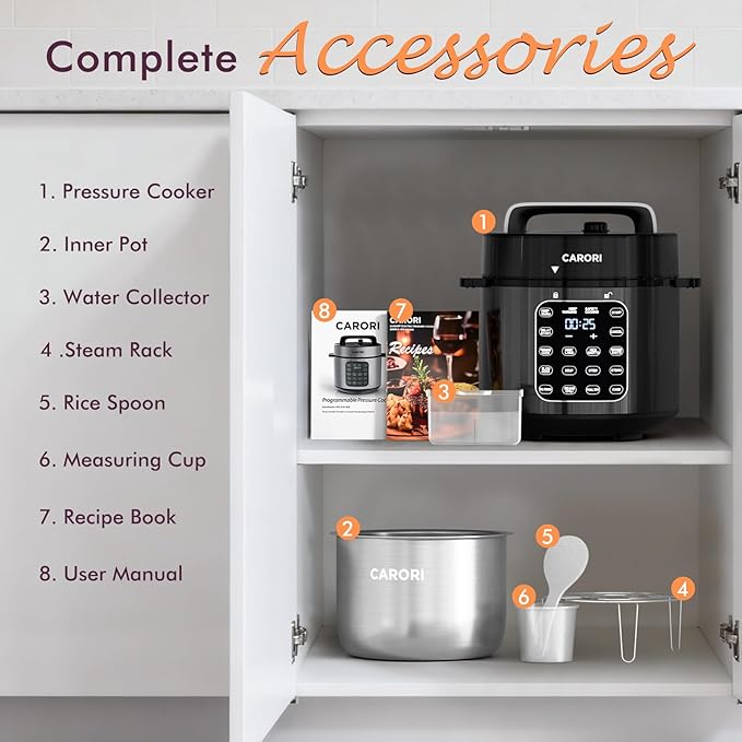 CARORI 9-in-1 Electric Pressure Cooker 6 Quart Black, Stainless Steel Pot, 12 Preset Functions with Touchscreen, Safe Steam Release, Stew, Slow Cook, Rice, Sauté, Warmer