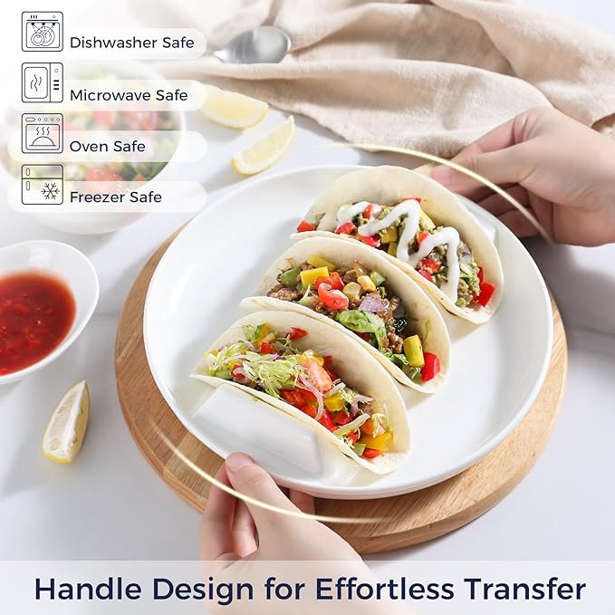 Dizada Taco Holders Set of 3-9" Porcelain Taco Plates with Dividers, Ceramic Taco Stand for Hard Soft Shells, Reusable Taco Serving Tray, Dishwasher Microwave Safe