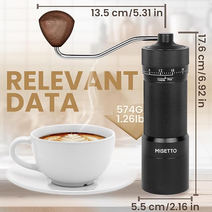 MISETTO Manual Coffee Grinder with CNC Stainless Steel Conical Burr - External Adjustable Setting,Double Bearing Positioning,French Press Coffee,Pour Over for Hand Grinder Gift