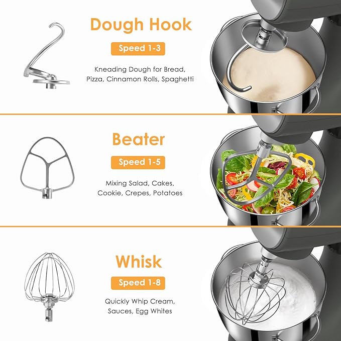 Mixers Kitchen Electric Stand Mixer 5.5QT 600W, Aluminum die casting and Gears, Dual Cooling System, Low Noise, DC Motor, LED Display and Timing Function, Tilt-head Metal Food Mixer, Grey