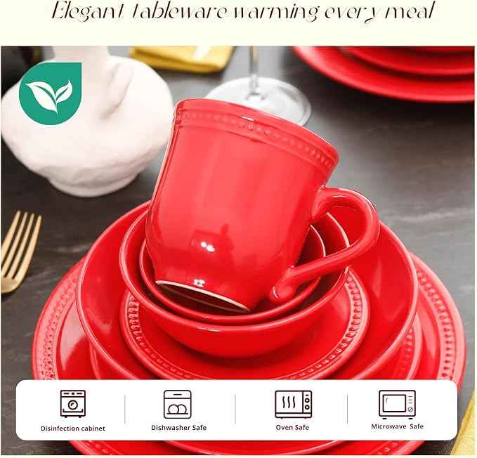 Pearl Dots Stoneware Dinnerware Set (56pc Set, Red)