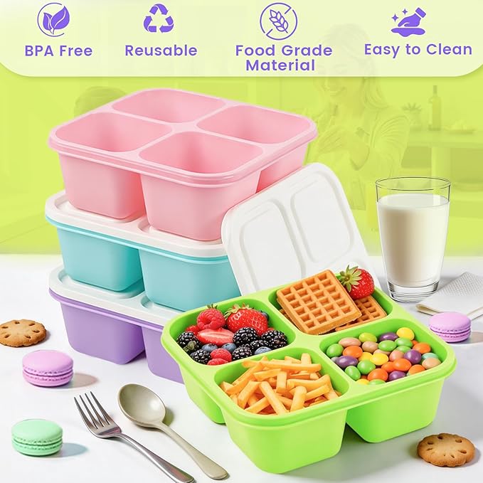4 Pack Snack Containers Bento Box Adult Lunch Box,Meal Prep Container, Reusable Food Storage lunch Containers Stackable for Work, Travel and Gym (Grass Green, Pink, Green, Purple)
