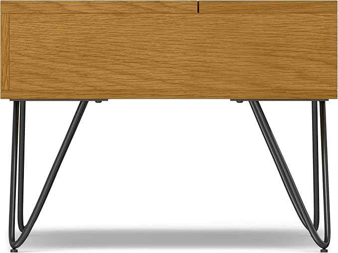 SIMPLIHOME Hunter Small Lift Top Coffee Table - 36 inch Wide Oak Veneer and Metal Industrial Cocktail Table in Oak, Living Room Table with Hidden Storage, 2 Cubbies, and Hairpin Legs
