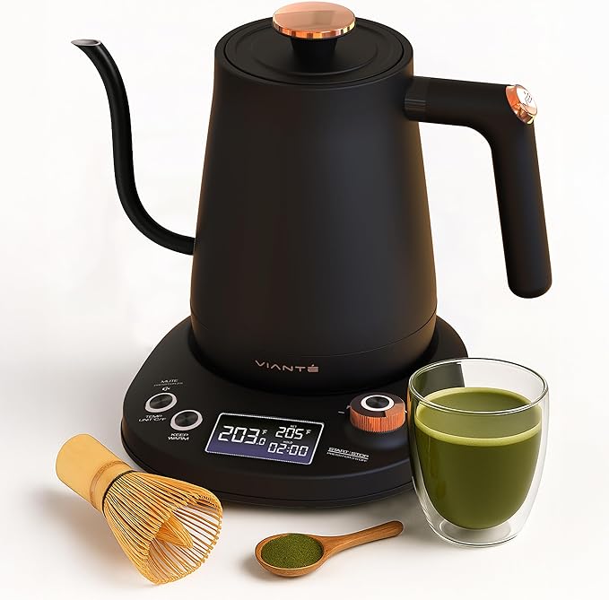 Vianté Electric Gooseneck Kettle with Precise Temperature Control. Pour Over Coffee & Tea Kettle. Boil-Dry Protection & Keep Warm Function. Stainless Steel, BPA-Free. Includes #2 Filters. 0.8L