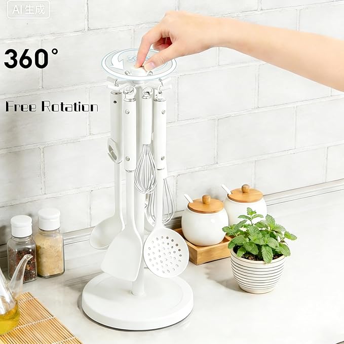 Kitchen Utensil Hanger Stainless Steel Utensil holder Rotatable Cooking Utensils Holder with 8 Hooks, Hanging Spoon Spatula Holder , White (Without Kitchen Utensils)