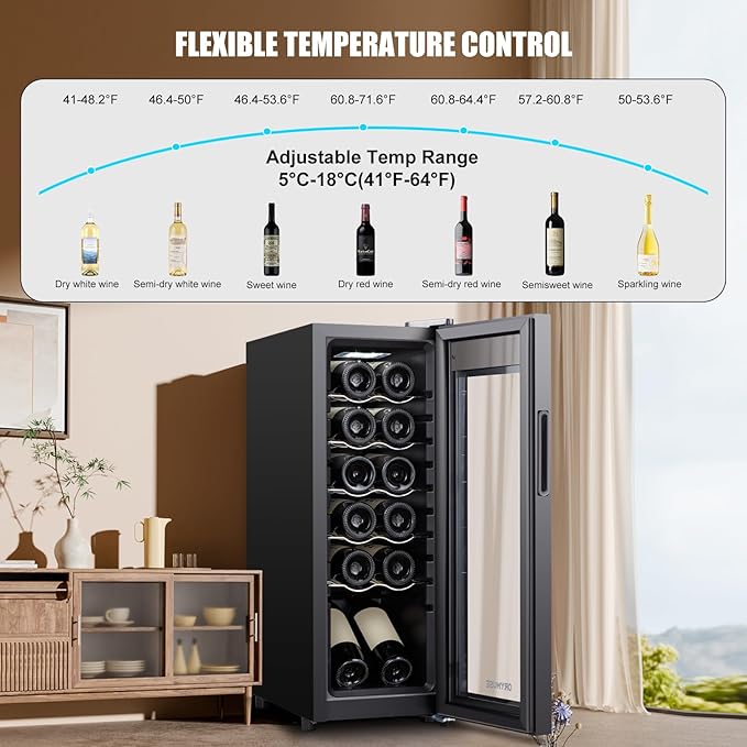12 Bottle Compressor Wine Cooler Refrigerator with Lock, Freestanding Wine Fridge, 41°F-64°F Digital Temperature Control, Large Wine Cellar for Red, White, Champagne, and Sparkling Wine – Black