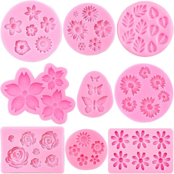 Flower Silicone Molds,9pcs Rose Leaf Daisy Sunflower Chrysanthemum Small Flowers Fondant Molds Polymer Clay Mould Candy Chocolate Molds for Cupcake Cake Pop Puck Decoration DIY Crafts