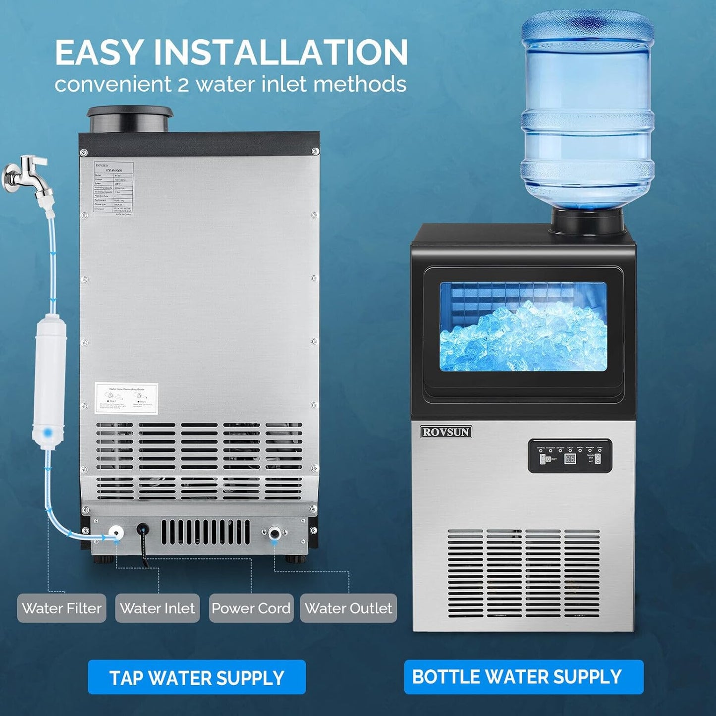 ROVSUN 90LBS/24H Countertop Ice Maker with 2 Water Inlets & Appointment Function, Freestanding Ice Machine with 11lbs Storage Bin, Ice Scoop, Drain Pipe & Water Inlet with Filter