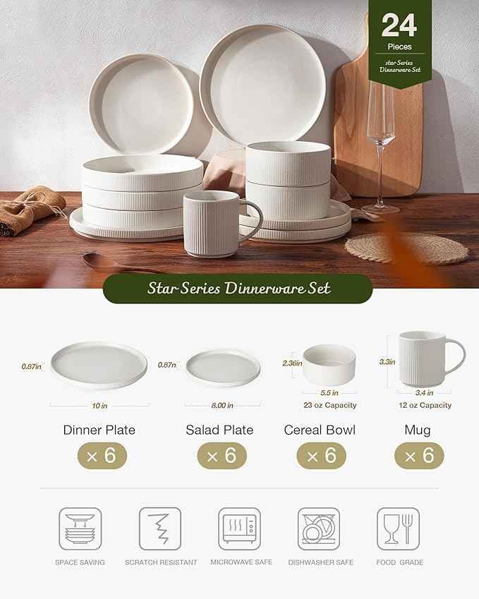 famiware Star Dinnerware Set with Mugs, Service for 6 (24 Pieces), Ribbed Stoneware Plates and Bowls Dishes Sets - Chip & Scratch Resistant, Microwave & Dishwasher Safe, Matte White