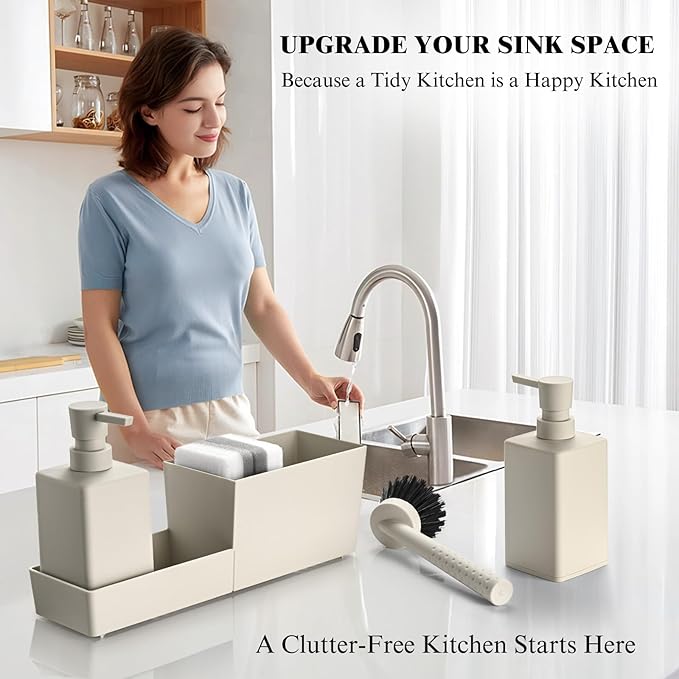 Kitchen Soap Dispenser Set with Sponge Holder and Brush for Sink Rack Hand Soap and Dish Soap Dispensers Beige 4-in-1