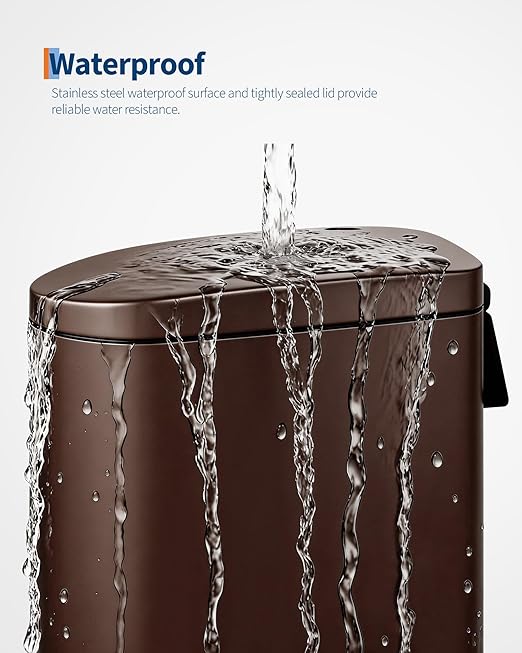 2.6 Gallon Bathroom Trash Can with Lid, Slim Step Pedal Garbage Bin, Stainless Steel Wastebasket with Soft-Close Lid, Removable Inner Bucket & Rear Handle for Bathroom, Office & Small Spaces-Brown