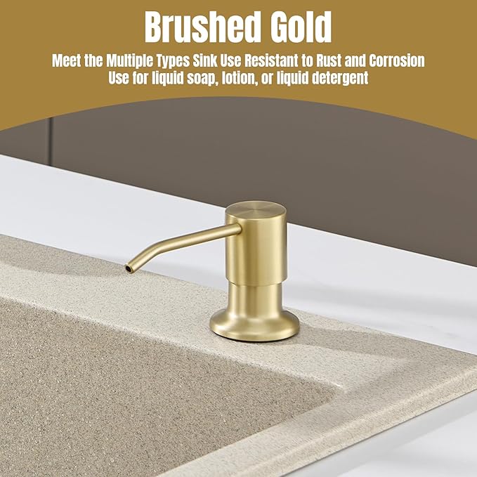 Built in Soap Dispenser for Kitchen Sink Countertop, Brushed Gold Stainless Steel Soap Dispenser Pump Head Refill from the Top with 11 Ounce Transparent Soap Bottle