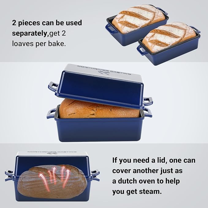 Northriver Casting 2 in 1 Enameled Cast Iron Bread Pan with Lid, Perfect Bread Oven, Loaf Pans for Baking Homemade Sourdough Bread 9x5, 2 Piece set, Navy Blue