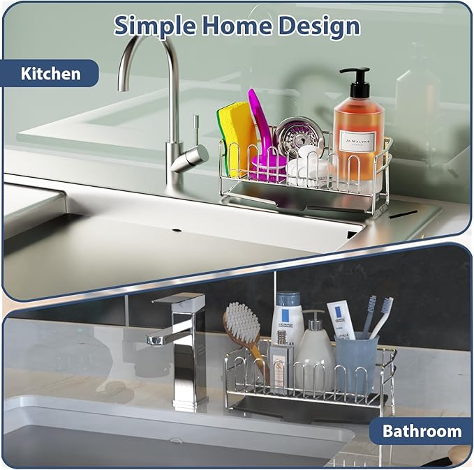 KABUM 304 Stainless Steel Sponge Holder for Kitchen Sink, Compact Sink Caddy with 4 Non-Slip Silicone Pads, Easy to Clean Rustproof 304 Steel, Kitchen Essentials, No-Tools Design (8.27x2.95x3.43)