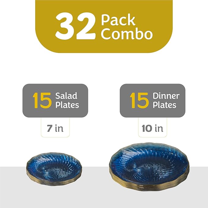 PLASTICPRO 30 Pack Plastic Plates Set of 15-10 inch Plates and 15-7 inch Plates, Elegant Clear Blue Spiral and Gold Rim Disposable Fancy Plates Premium Heavyweight