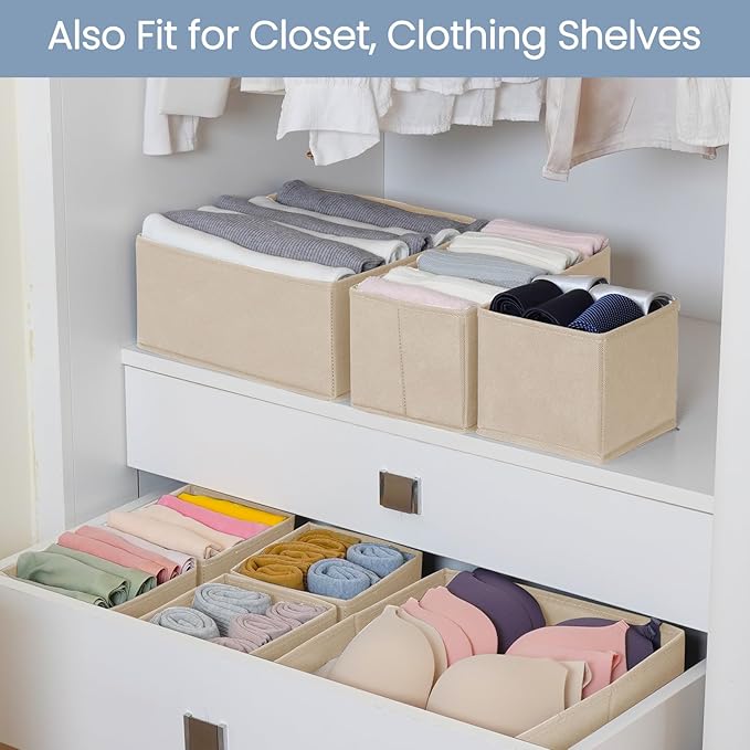 Criusia Drawer Organizer Clothes,16 Pack Underwear Drawer Organizers, Foldable Closet Organizers and Storage Dresser Drawer Dividers Clothing Organizer for Clothes, Socks, Scarves, Bra, Ties (Beige)