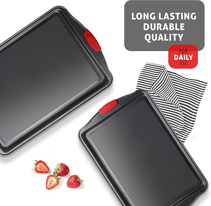 Baking Sheet Set, 2-Piece Large Cookie Sheet Set with Silicone Handles, Steel Baking Pan, Baking Sheets for Oven, BPA Free Cookie Sheets for Baking Nonstick Set, Premium Sheet Pan, Black Baking Tray