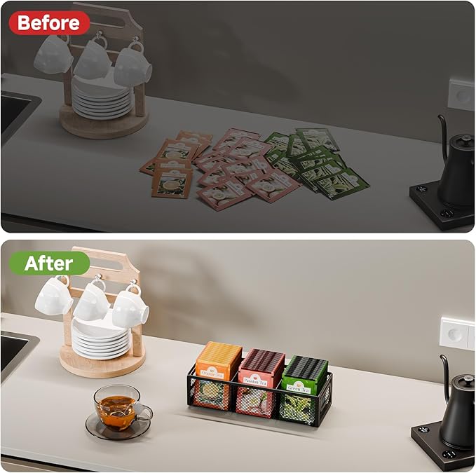 Tea Bag Organizer, Mesh Tea Bag Holder with Handle, Teabag Holder, Tea Station Organizer for Countertop, Pantry, Kitchen, Cabinet - Black