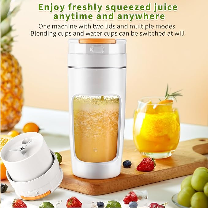 Slim Portable Blender Cup, 20oz (600ml) Personal Travel Juicer with Leakproof Lid, USB-C Rechargeable Licuadora Portatil for Smoothies and Shakes, Auto-Cleaning(white)