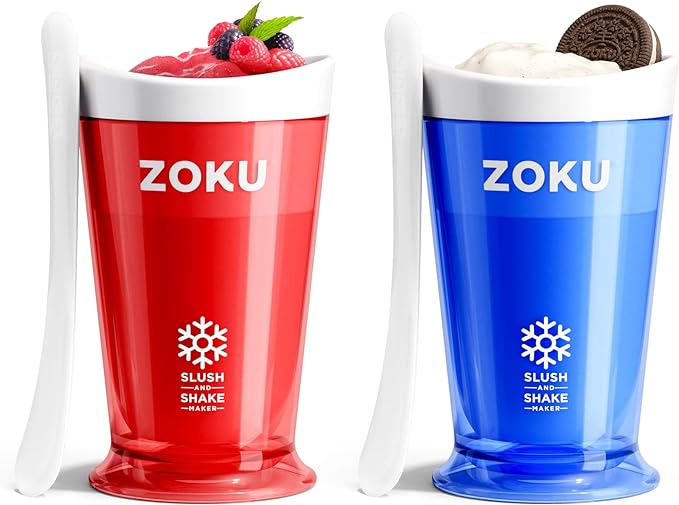 ZOKU Original Slush and Shake Maker, Slushy Cup 2 Pack for Quick Frozen Homemade Single-Serving Slushies, Fruit Smoothies, and Milkshakes in Minutes, BPA-free, Red/Blue Set of 2