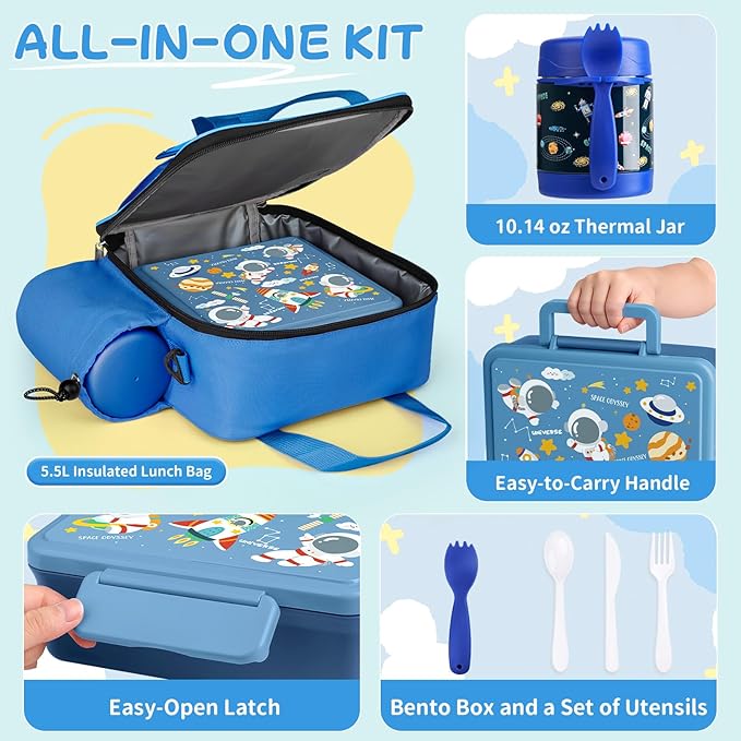 REDSHELL Bento Lunch Box for Kids Set, Leakproof Food Jar Pail with Insulated Bag, Toddler Snack Container Lunchbag Boys Daycare, Back to School Lunchbox Kit, Includes Bottle Holder Strap, Dark Blue