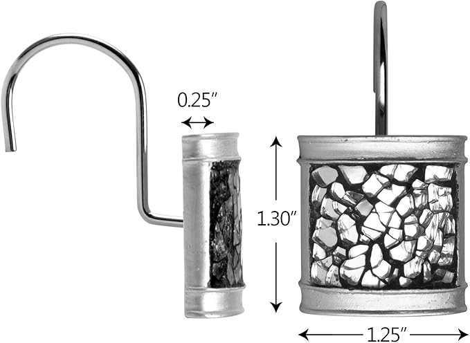 Creative Scents Crackled Glass Shower Curtain Hooks Decorative Set of 12 Silver Shower Curtain Rings for Bathroom Shower Rod - Elegant Crackled Glass Silver Bathroom Accessories