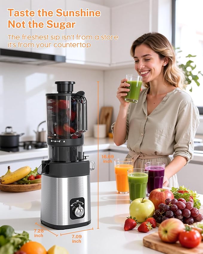 Kndko Cold Press Juicer with 4.35" Wide Feed Chute, Slow Masticating Machine Fit Whole Fruits & Vegetables, High Juice Yield, Stainless Steel Juicer Machine with Large Auger, Easy to Clean