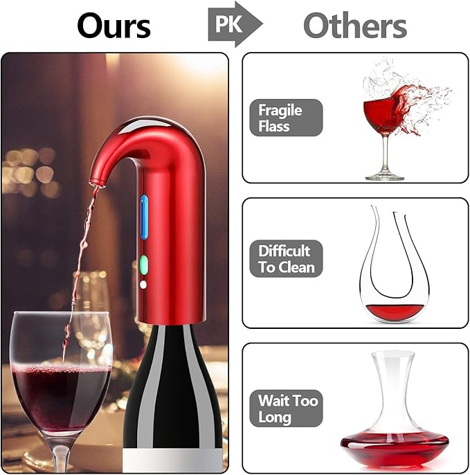 Wine Aerator Electric Wine Decanter – Easy One Touch Red & White Wine Accessories, Ideal for Beginners and Enthusiasts, Spout Pourer, Wine Preserver – Best Valentines Day Gifts for Him (Lucky red)