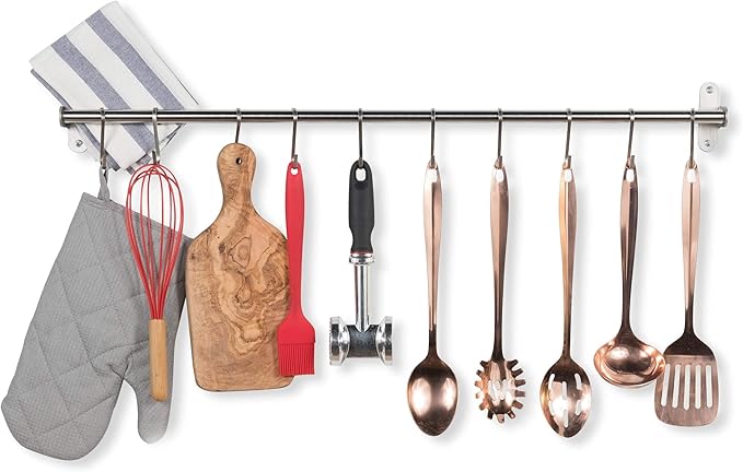 Wallniture Lyon 31.5" Wall Mount Kitchen Utensil Holder With 10 S Hooks For Hanging Pots and Pans Set