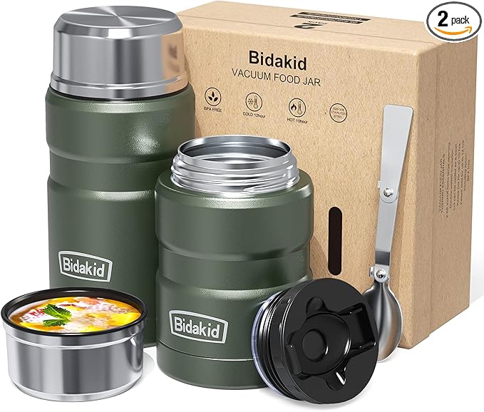 Insulated Food Jar Set – 25.4oz & 17oz Stainless Steel Containers with Folding Spoon and Carrying Bags – Leak-Proof, Keeps Food Hot or Cold for up to 12 Hours – Ideal for Work, School, Travel