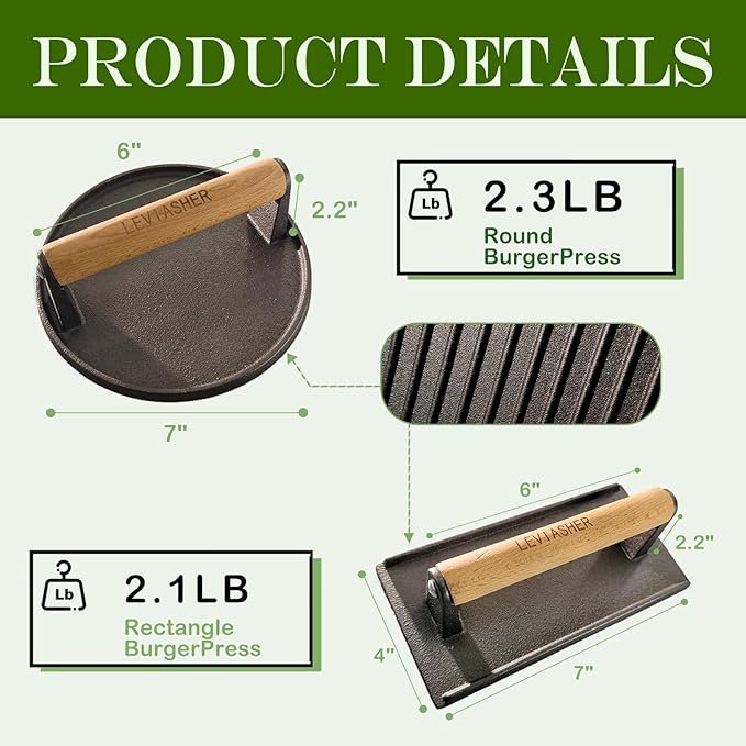 2.2 lb Heavy Duty Cast Iron Grill Press, 6.69 in Round 7.8X3.9in Rectangle Burger Press with Wood Handle for Blackstone, Griddle, Chef, Camp, Panini, Vegetable, Bacon, Sandwich, BBQ