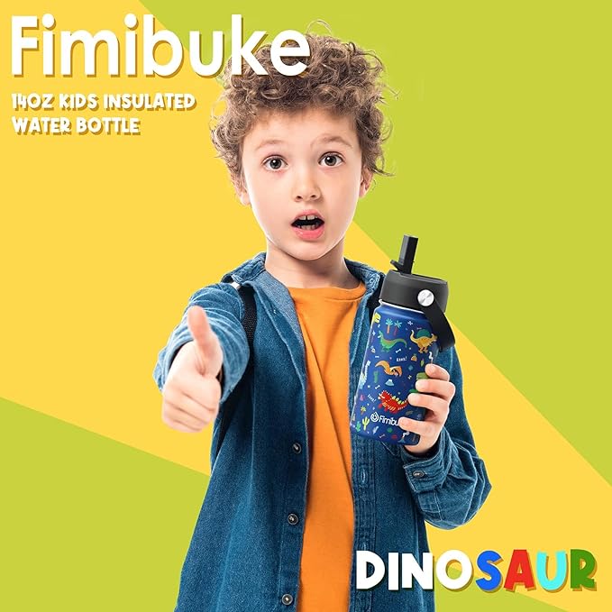 Fimibuke Kids Insulated Water Bottle, 14oz BPA FREE 18/8 Stainless Steel Travel Tumbler Double Wall Vacuum Leak Proof Kids Cups with Straw Metal Water Bottles for School Boys Girls (1 Pack, Trucks)
