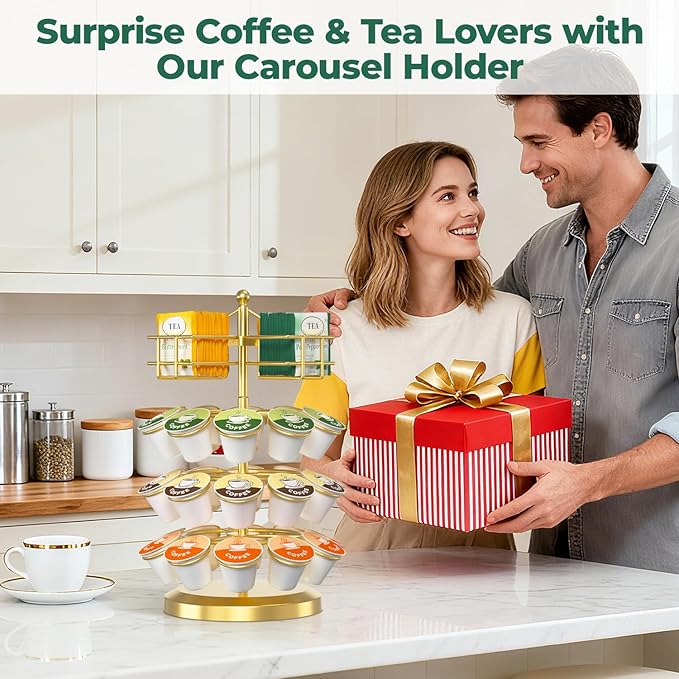 EsLuker.ly K Cup Holder Coffee Pod Organizer Carousel for Countertop, Rotatable Metal 4-Tier Storage Rack Stand for 30 K Cups & Tea Bags, Convenience Meets Elegance, Gold