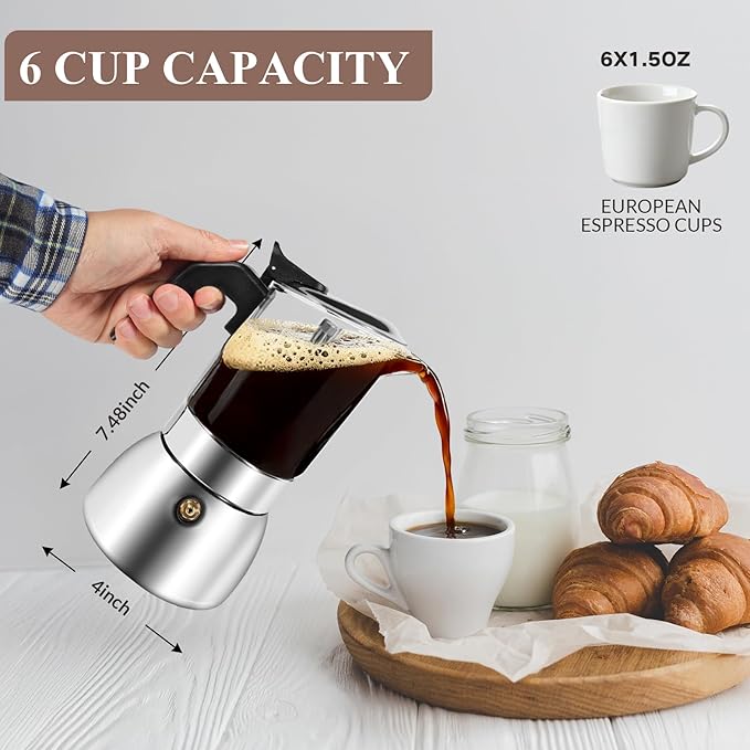 Moka Pot Stovetop Espresso Maker, Crystal Glass-Top & 304 Stainless Steel Italian Coffee Brewer, 300ml 6-Cup Espresso Pot for Home & Camping, Silver