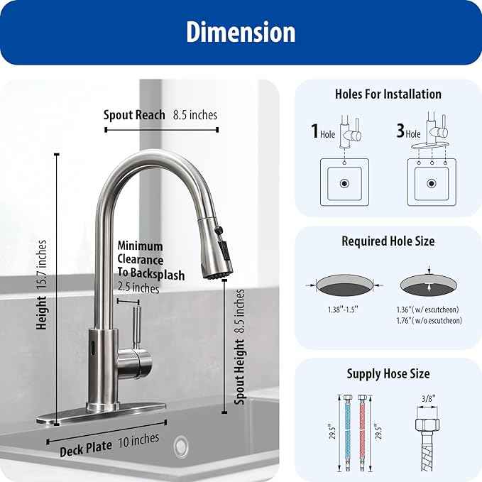 WEWE Touchless Kitchen Faucet with Pull Down Sprayer - Single Handle Kitchen Faucets Smart Motion Sensor Stainless Steel Brushed Nickel Sink Faucet