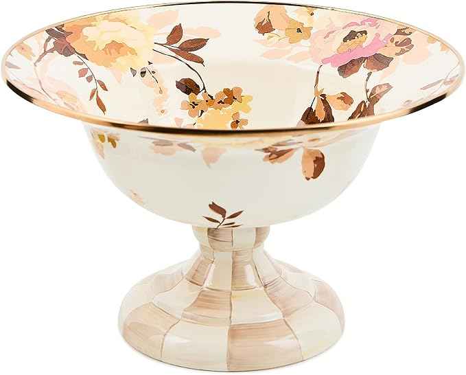 MACKENZIE-CHILDS Enamel Compote, Pedestal Serving Dish or Decorative Bowl, Large, Wild Rose White
