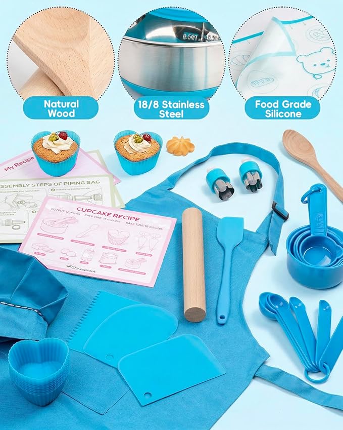 Kids Baking Set–Real Cooking Set for Kids with Kids Cooking Utensils & Kitchen Accessories, Measuring Tools & Baking Supplies,Great Gift for Pretend Play & Montessori Learning (Blue)