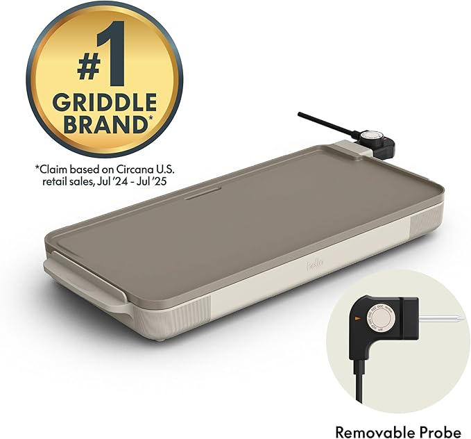 bella 10" x 20" Electric Griddle with EverGood™ Ceramic Nonstick Coating, Removable Temperature Probe, Dishwasher-Safe Drip Tray & Cool Touch Handles, Cook up to 10 Eggs, 1500 Watt, Oatmilk