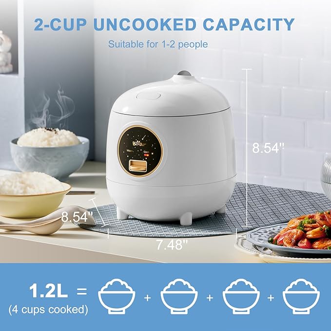 Bear Mini Rice Cooker 2 Cups Uncooked, 1.2L Portable Non-Stick Small Travel Rice Cooker, BPA Free, One Button to Cook and Keep Warm Function, White