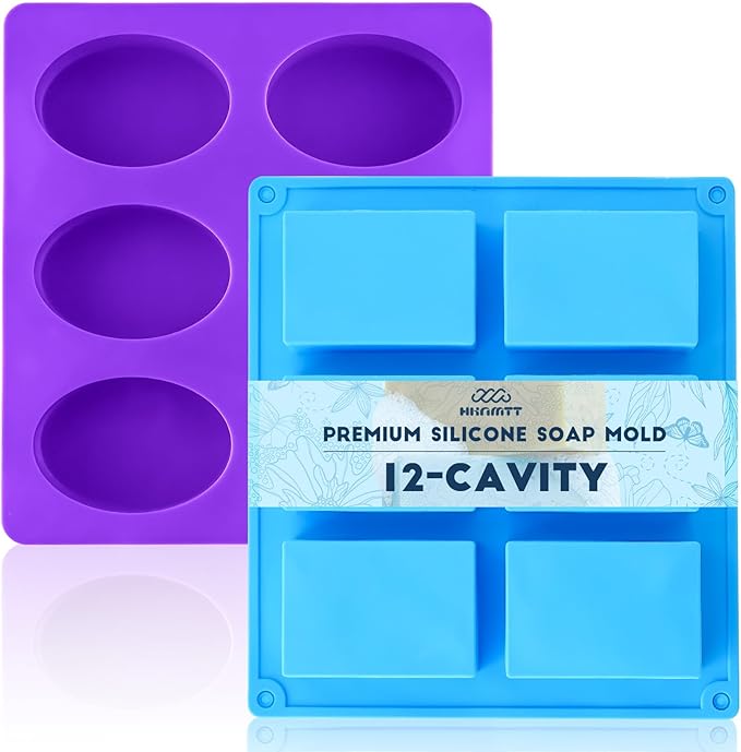 HKNMTT Molds Silicone Square Oval Rectangle Bar, 12 Cavities for Soap Making Candy Shower Steamer Homemade Bath Bomb Lotion Shampoo Bar Dessert DIY Set Non-stick Craft Food Grade 2 Pack