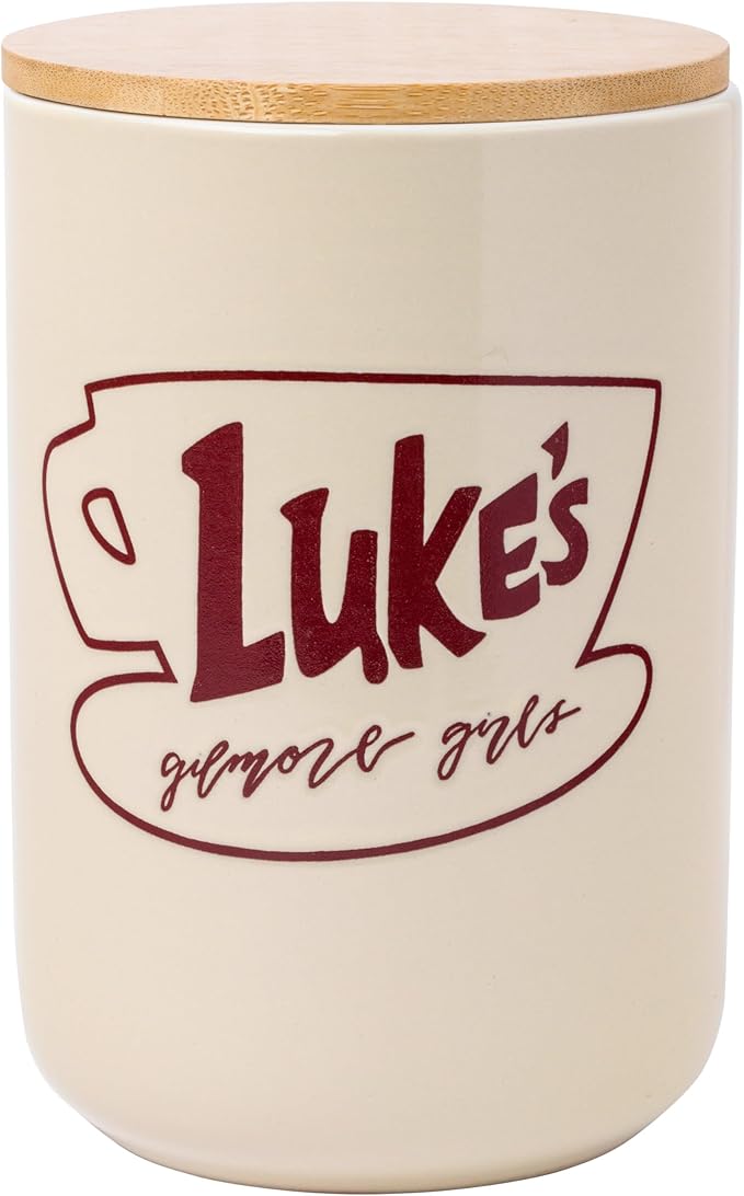 Silver Buffalo Gilmore Girls Wax Resist Ceramic Cookie Jar with Bamboo Lid Featuring Luke’s Cafe Logo, 5” x 5” x 6.5”